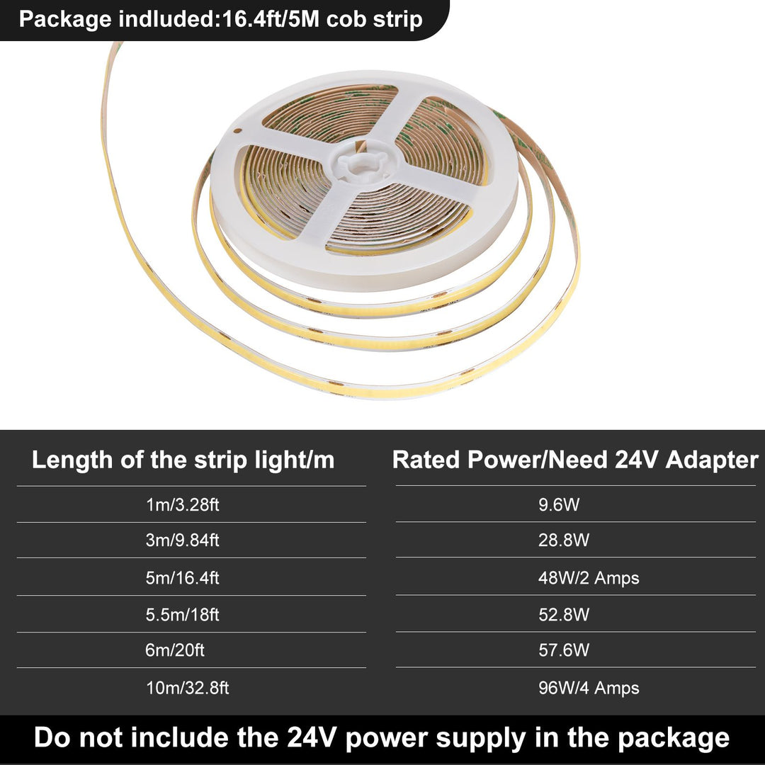 DC 24V COB White LED Strip Lights 16.4ft