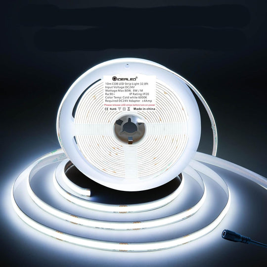 32.8ft 10M COB Cool White LED CRI 90 Flexible FCOB Strip Light 6000K 24V Only