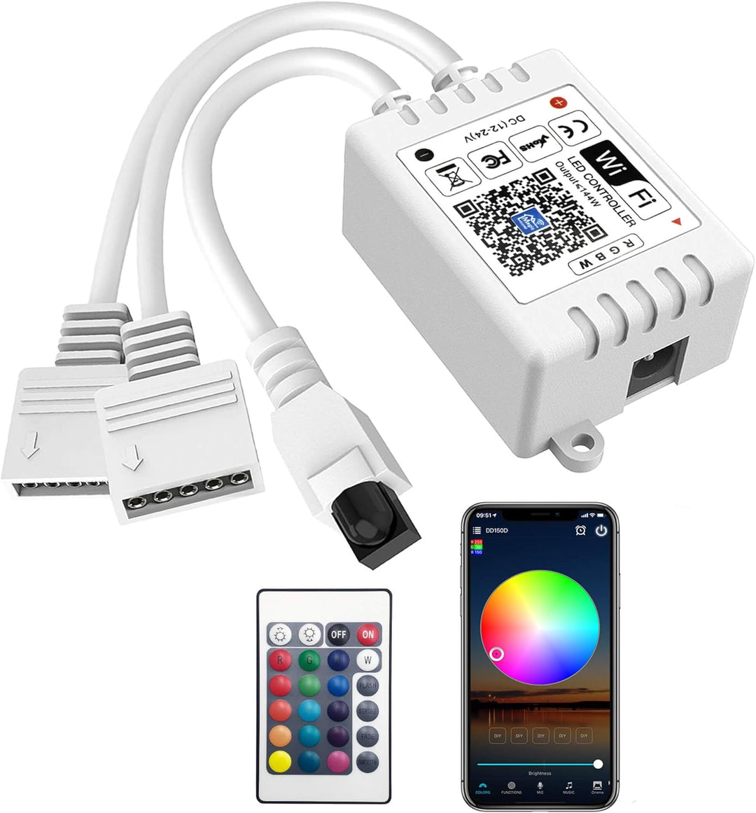 WiFi RGBW LED Controller 2-Output 5 Pin with 24-Key Remote, Compatible with Alexa & Google Assistant, Voice/APP Control Strip Lights for Android/iOS System(WiFi LED Controller)