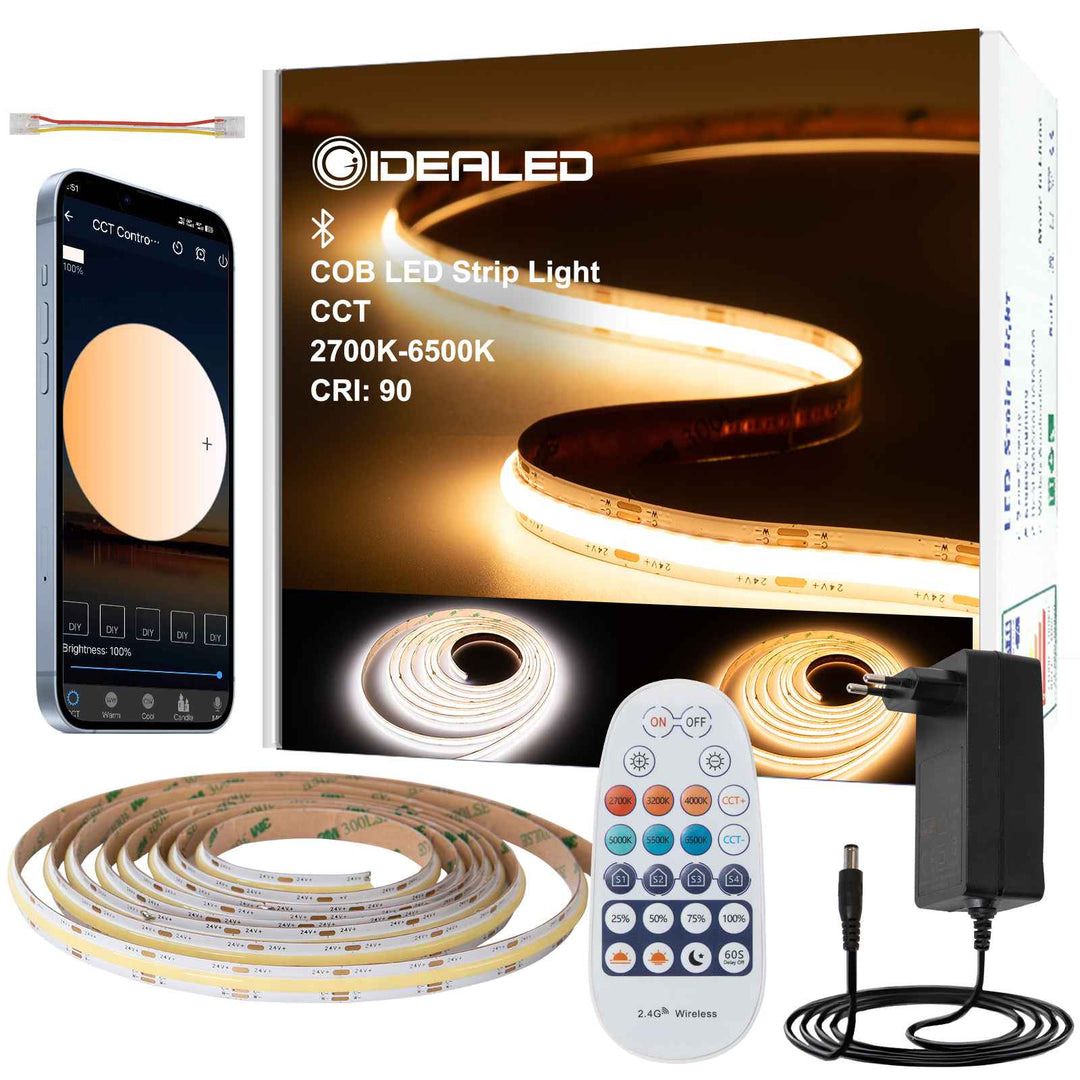 Dimmable CCT COB LED Strip Light 16.4ft Kit with RF and APP Control