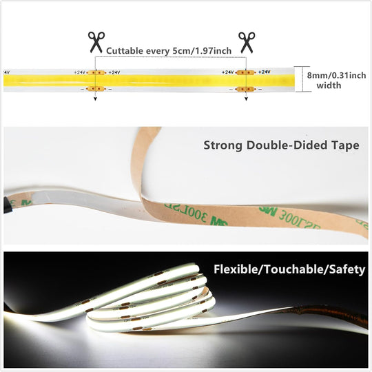 32.8ft 10M COB Cool White LED CRI 90 Flexible FCOB Strip Light 6000K 24V Only