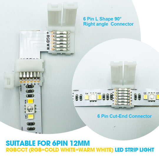 L Shape RGBWW 6 Pin LED Strip Connectors (6 Pack）