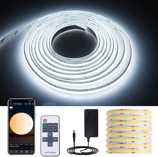 26.2ft DC 24V COB LED 8M Strip Lights 6000K Dimmable with RF Remote Control/Bluetooth APP Control Kit
