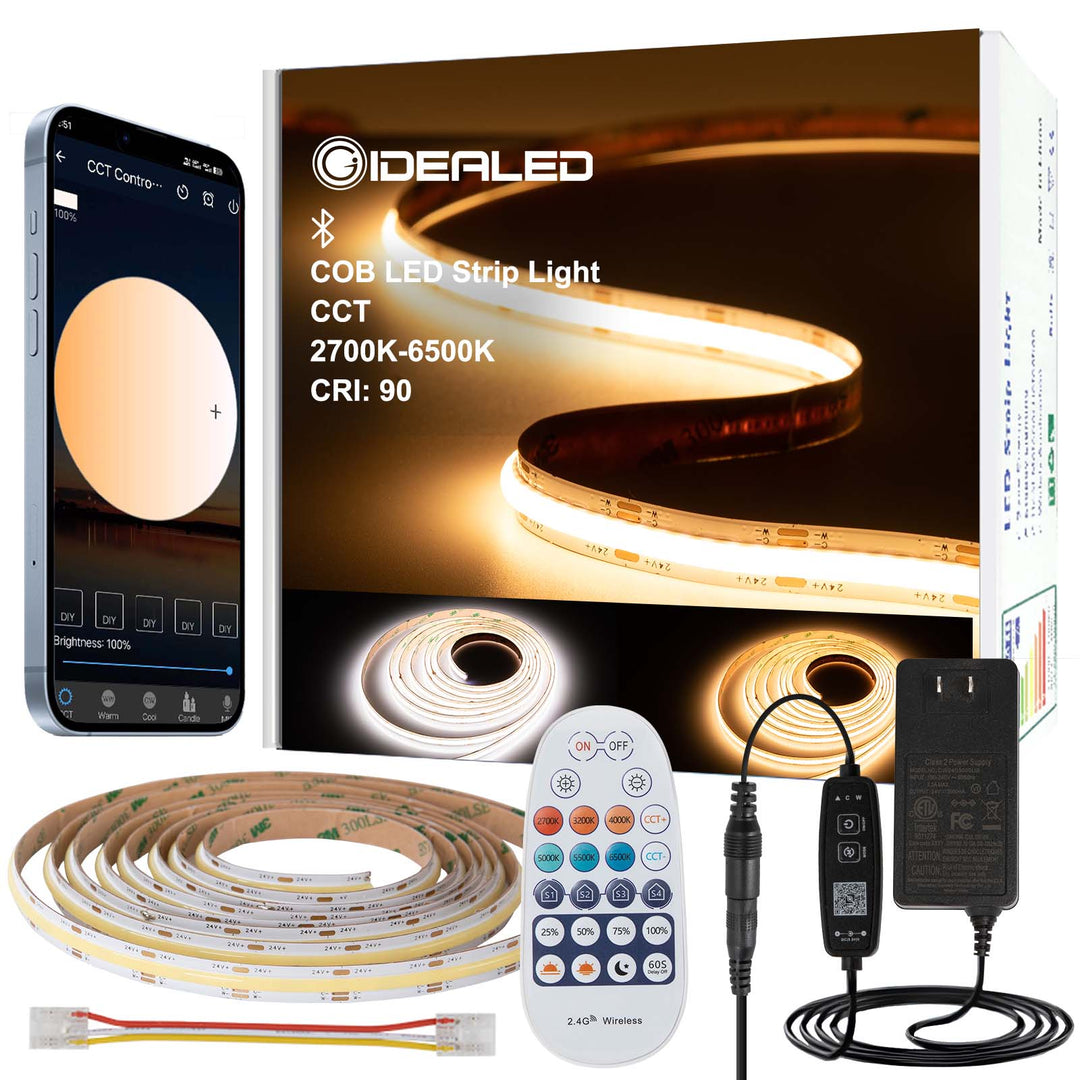 Dimmable CCT COB LED Strip Light 16.4ft Kit with RF and APP Control