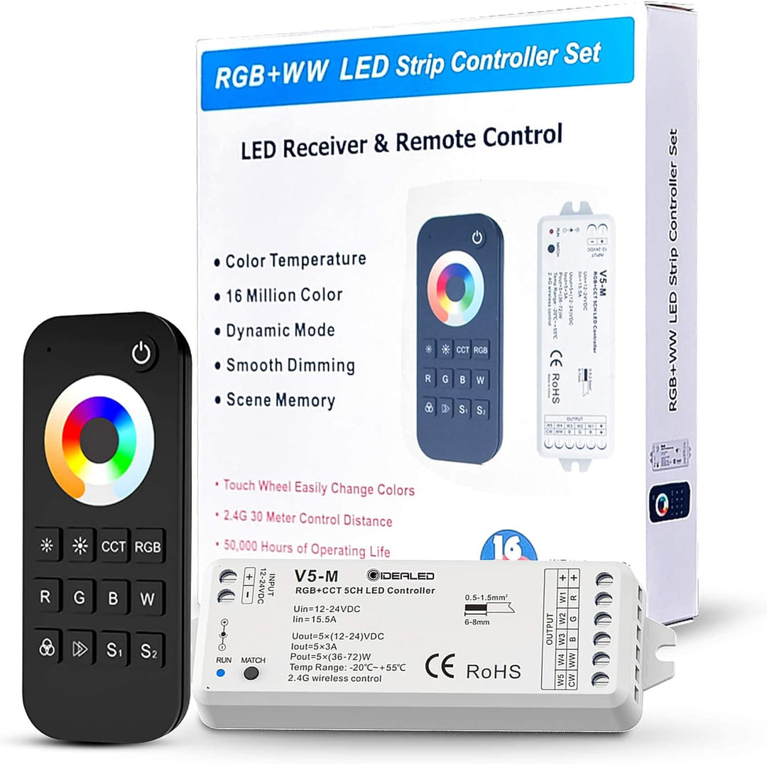Wireless 5 Channel RGBCCT LED Strip Lights Controller with RF Remote Control