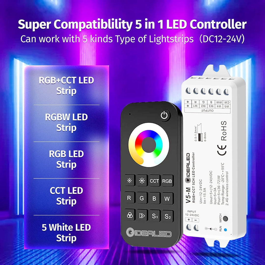 Wireless 5 Channel RGBCCT LED Strip Lights Controller with RF Remote Control