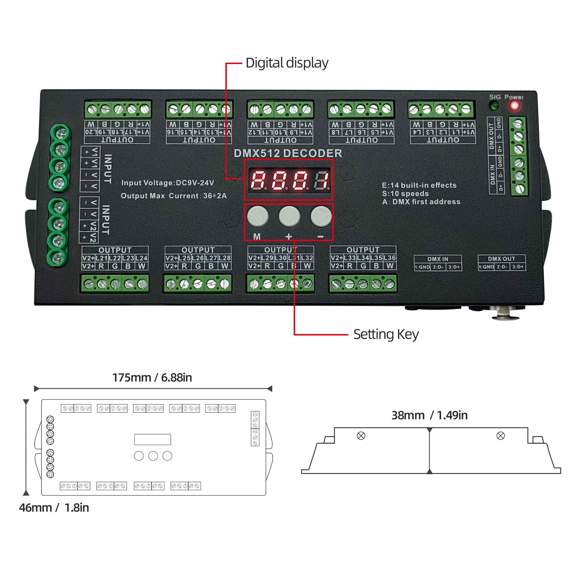 36 CH DMX Decoder with Digital display for RGB/RGBW LED strips