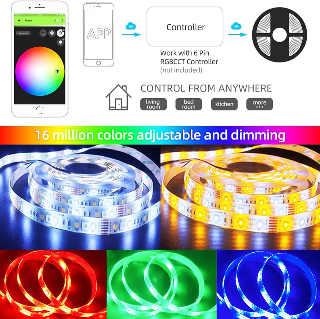 12V RGBWW LED Strip Lights with Waterproof Protective Coating (16.4ft)