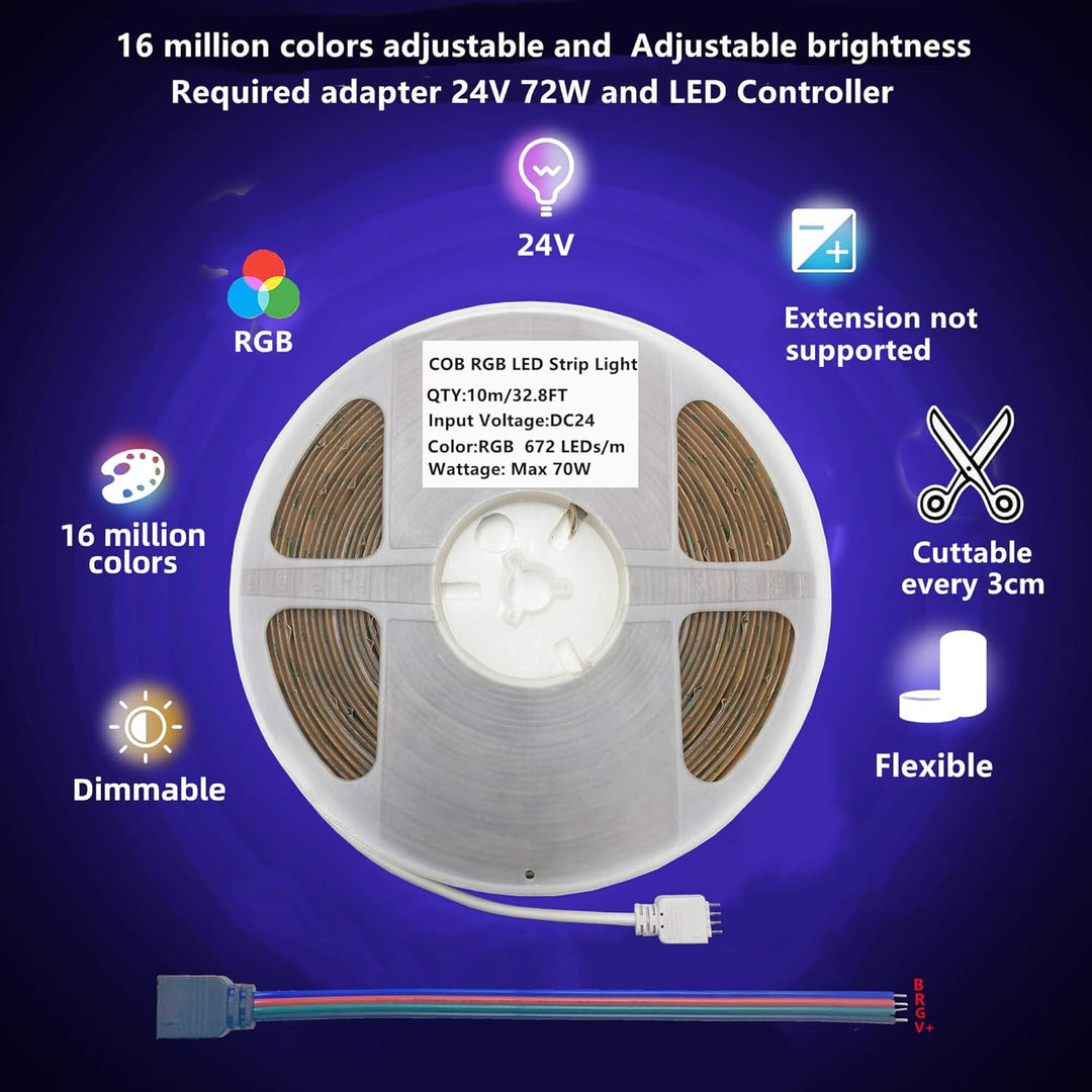 16 Million RGB Colors Changing 24V COB RGB LED Strip Light 32.8ft (10M) Only