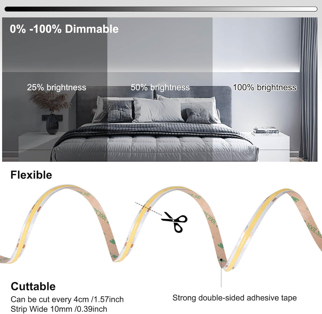 26.2ft DC 24V COB LED 8M Strip Lights 6000K Dimmable with RF Remote Control/Bluetooth APP Control Kit