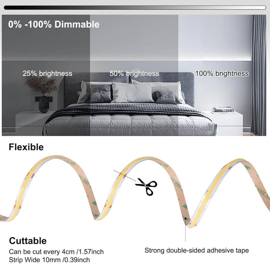 26.2ft DC 24V COB LED 8M Strip Lights 6000K Dimmable with RF Remote Control/Bluetooth APP Control Kit