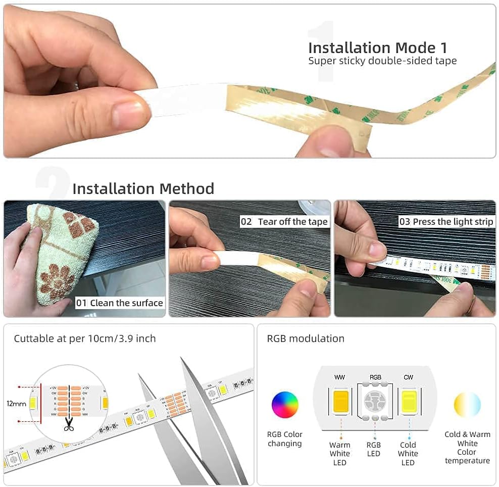 12V RGBWW LED Strip Lights with Waterproof Protective Coating (16.4ft)