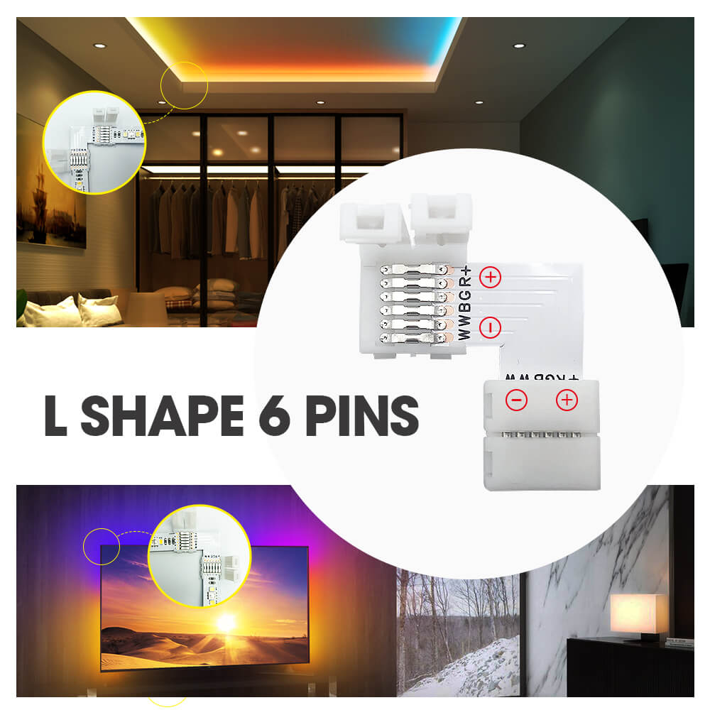 L Shape RGBWW 6 Pin LED Strip Connectors (6 Pack）