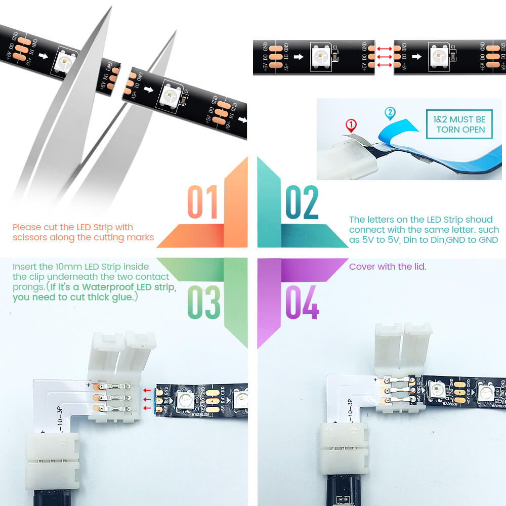 L Shape 3 Pin RGB LED Strip Connectors (6 Pack)