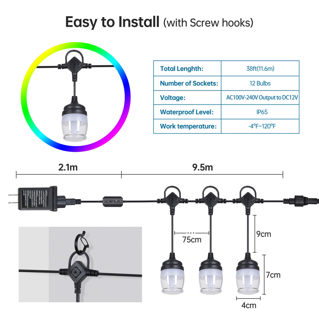 Bluetooth Outdoor RGB String Lights with Remote Controller
