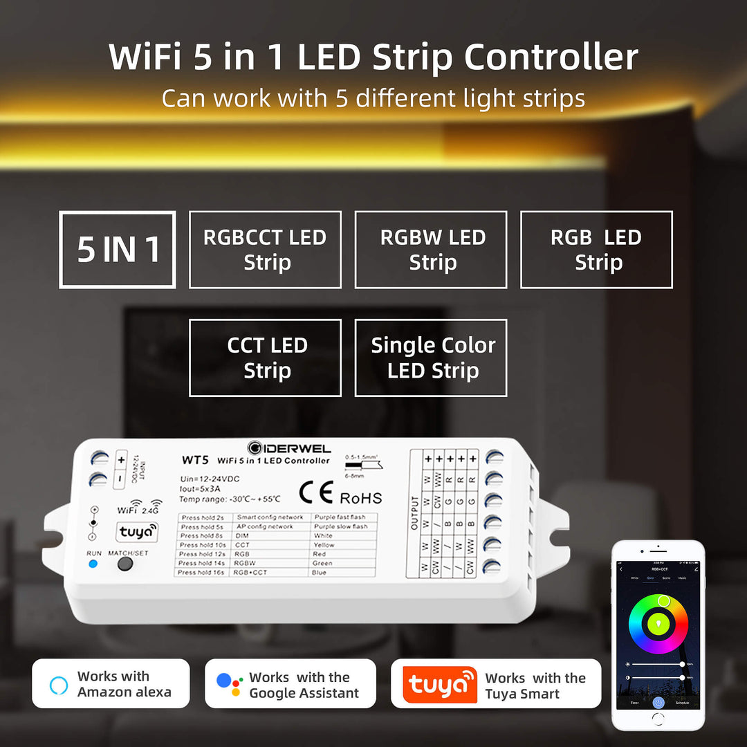Tuya WiFi Wireless RGB+CCT LED Light Controller