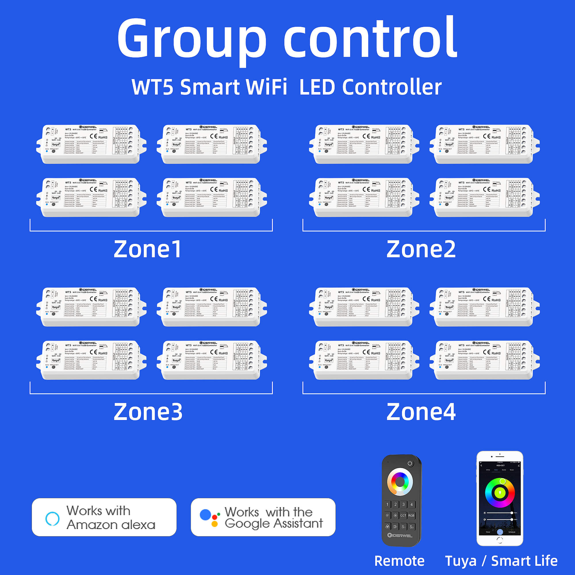 GIDERWEL WiFi 5-in-1 LED Controller (WT5) & 2.4G Remote (RT10) for  RGB/RGBW/RGBCCT LED Strips